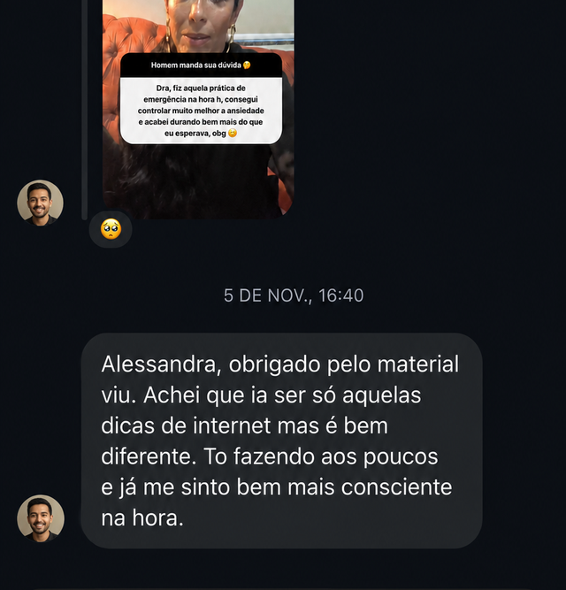 Print de um leitor agradecendo pelo material e dizendo que está mais consciente durante a relação