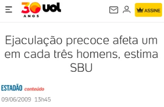 Notícia: Ejaculação precoce afeta um em cada três homens, estima SBU
